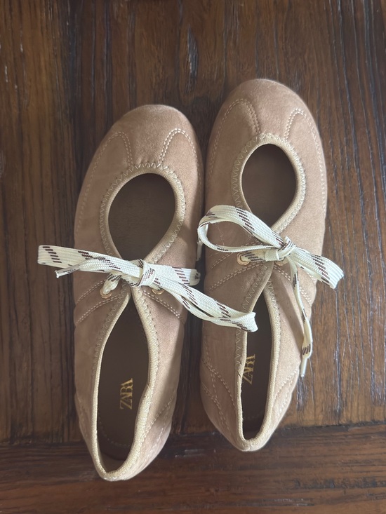 Zara Shoes - ZARA Light Brown Suede Ballet Flats with Patterned Ribbon